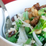 Rice Noodles with Ground Chicken, Green Beans, Crispy Shallots, and Garlic Chips