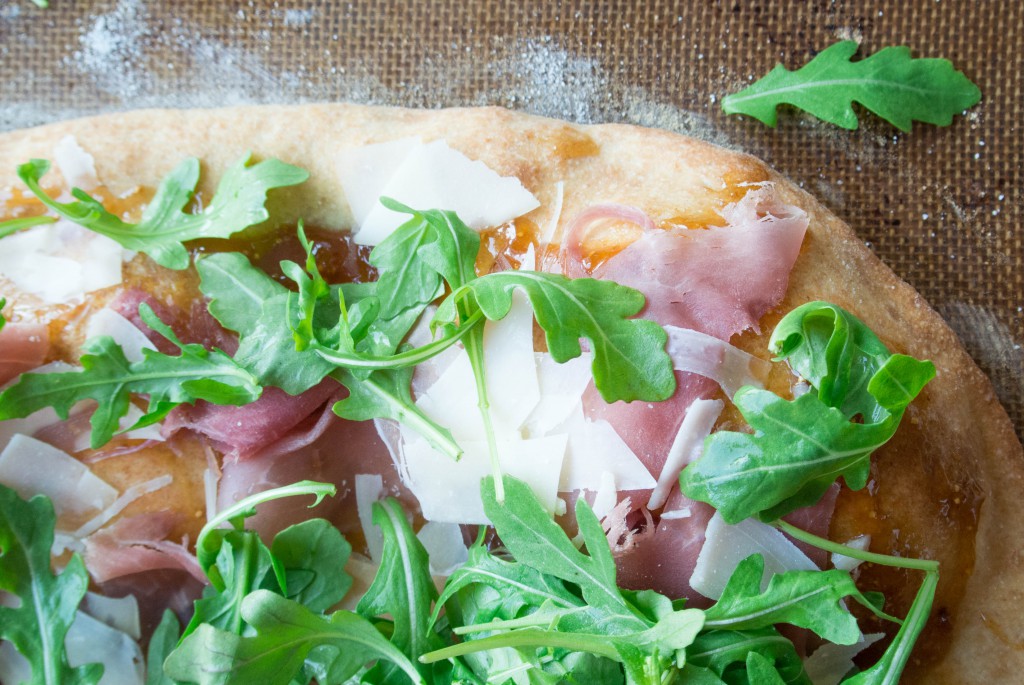 Prosciutto, Parmesan, and Arugula Flatbread with Fig Jam Spread by My Utensil Crock