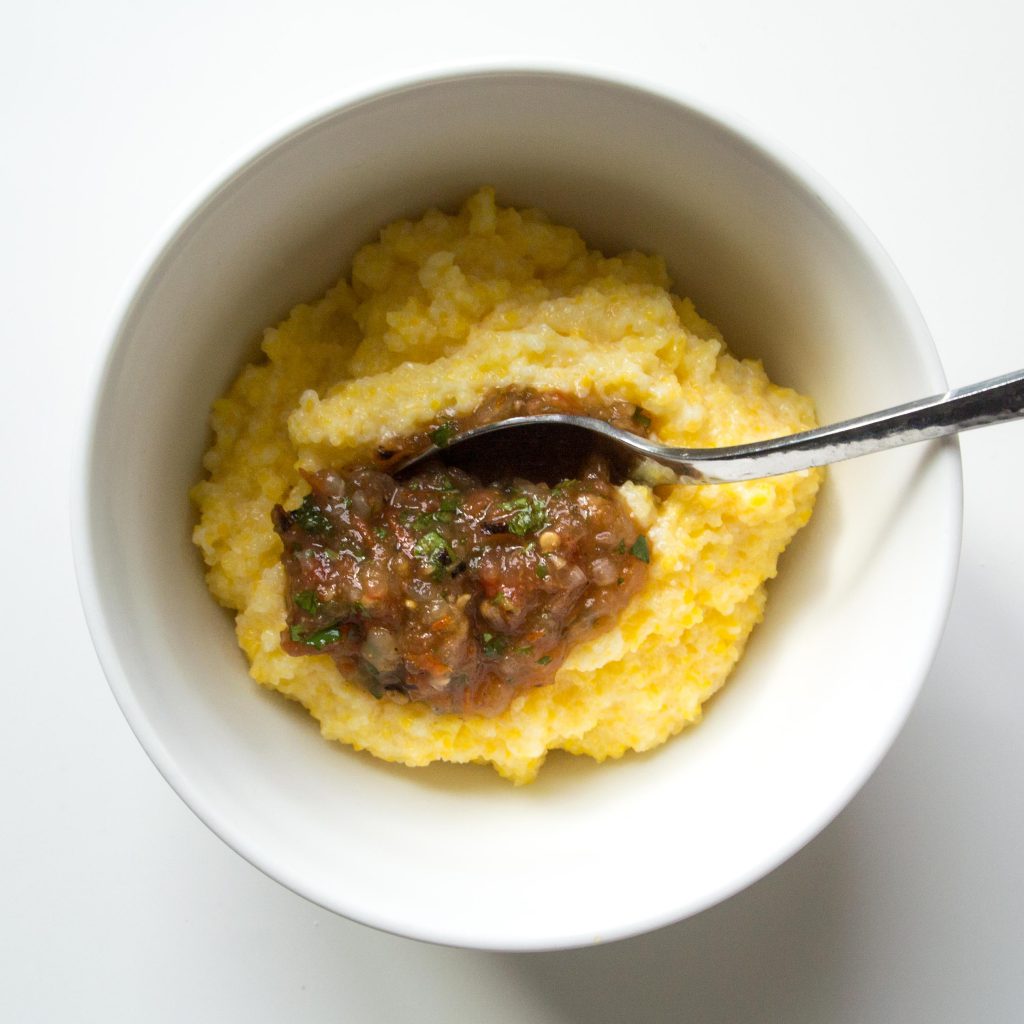 Roasted Tomato Salsa on Grits ~ by My Utensil Crock