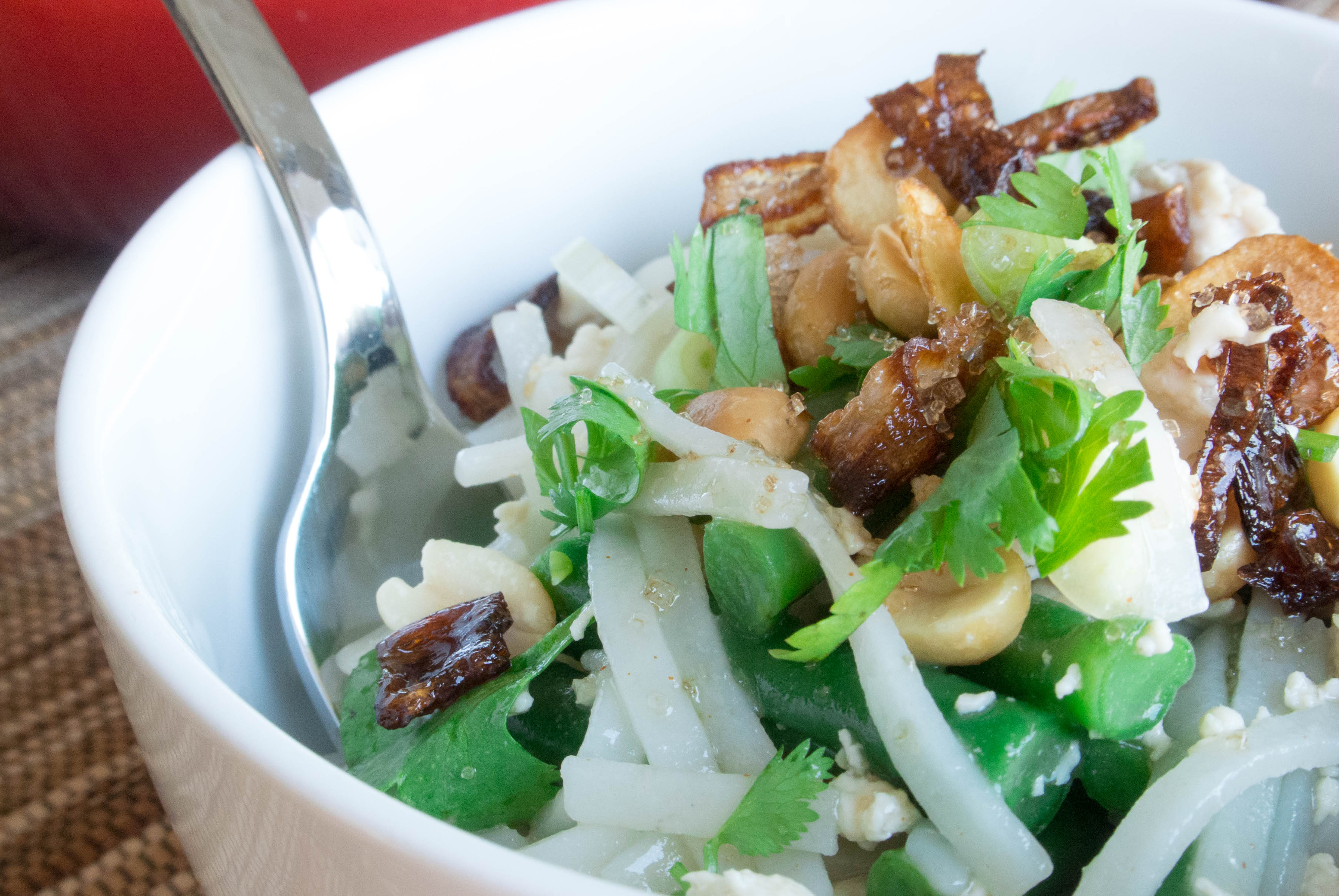 Rice Noodles with Ground Chicken, Green Beans, Crispy Shallots, and