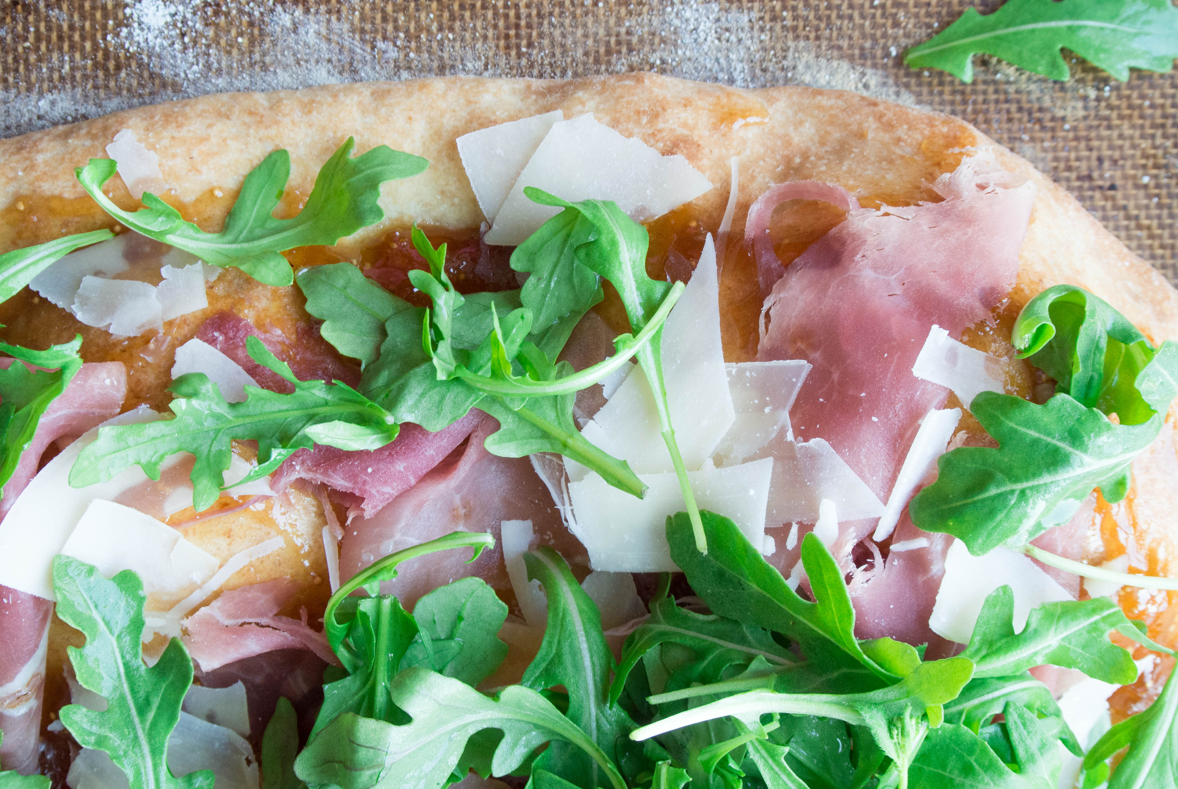 Prosciutto, Parmesan, and Arugula Flatbread with Fig Jam Spread